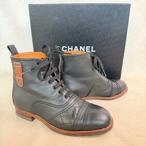 Chanel Black Leather Quilted Lace-Up Ankle Boots EU 37.5
